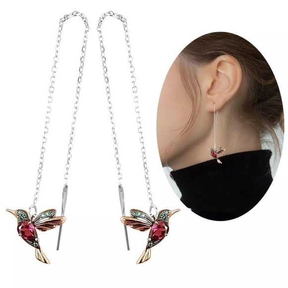 New Gold-Tone & Dark Red/Green Crystal Hummingbird Threaders w/Silver-Tone Chain - Picture 1 of 5